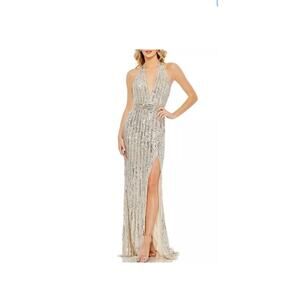 NWT Mac Duggal Embellished High Slit Halter Neck Dress Silver Nude Size 14